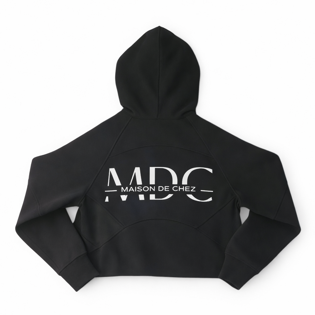 Black hoodie with 'Maison de Chez' logo front and back